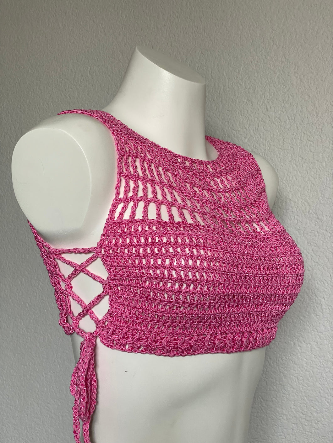 Pink Ribbed Mesh Crop Top