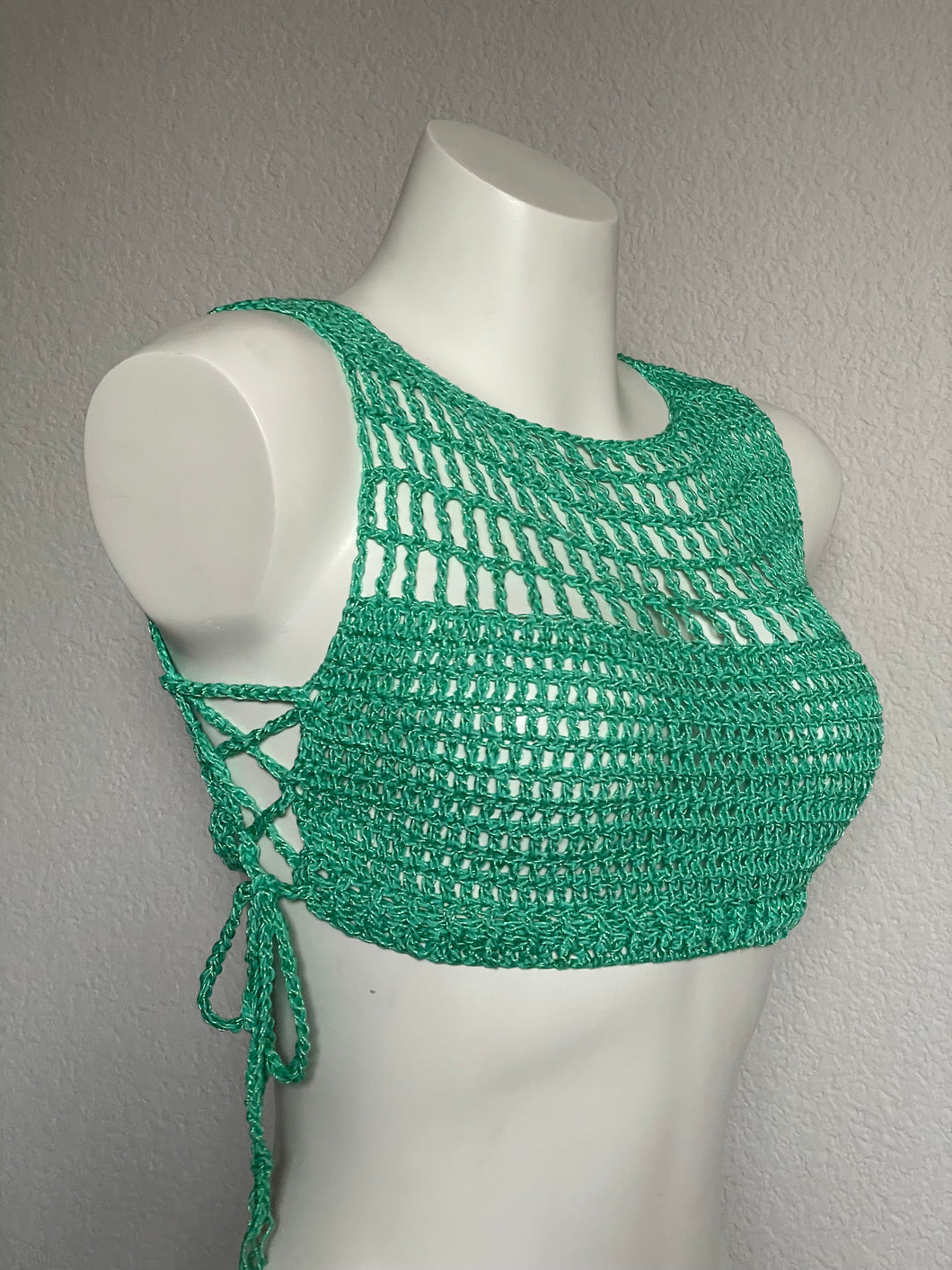 Turquoise Ribbed Mesh Crop Top