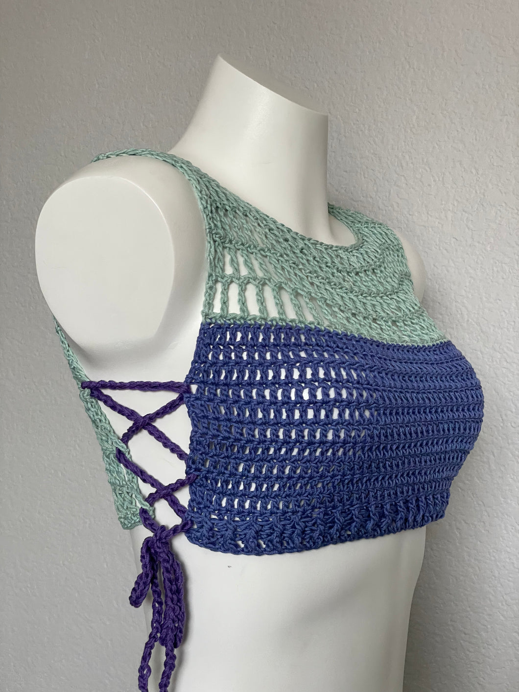 Purple Turquoise Ribbed Mesh Crop Top